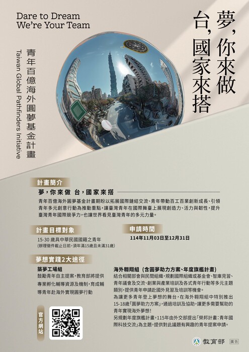 【活動轉知】青年百億海外圓夢基金計畫第一梯次報名簡章圖片